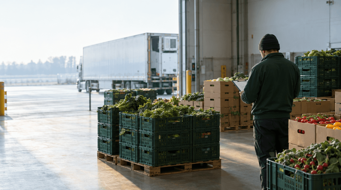 Produce crates and a worker at a distribution dock.